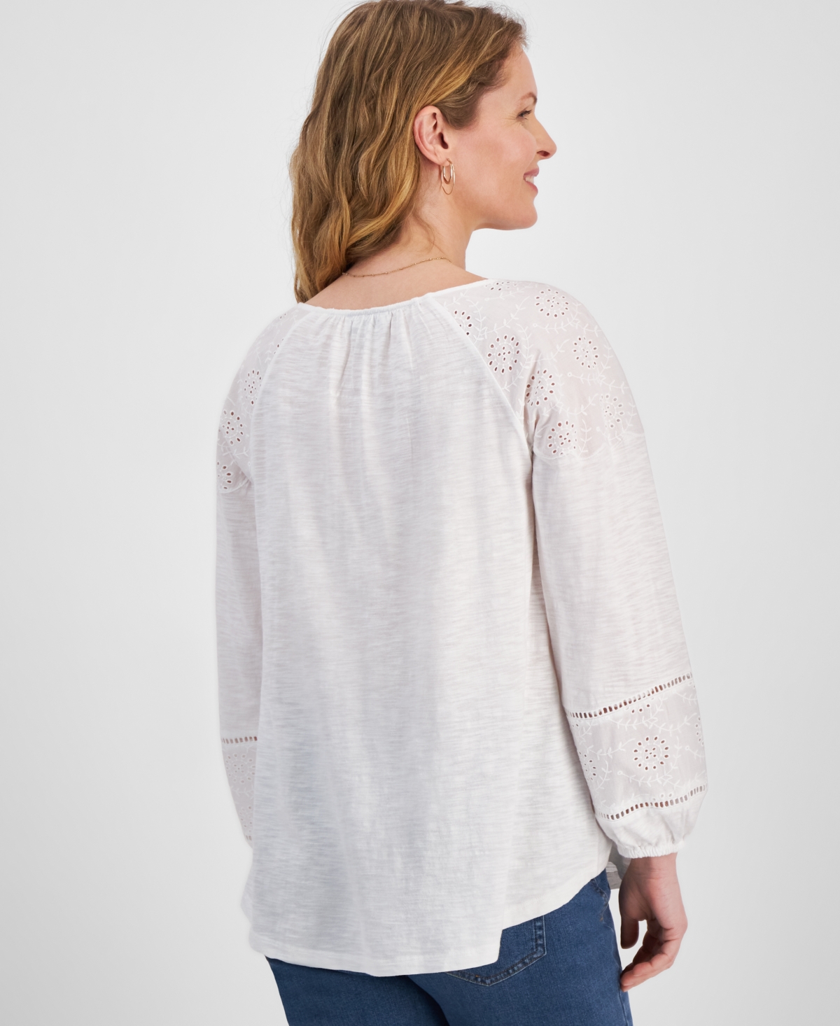 Style & Co Women's Eyelet-Trim Tie-Neck Peasant Top, Created for Macy's