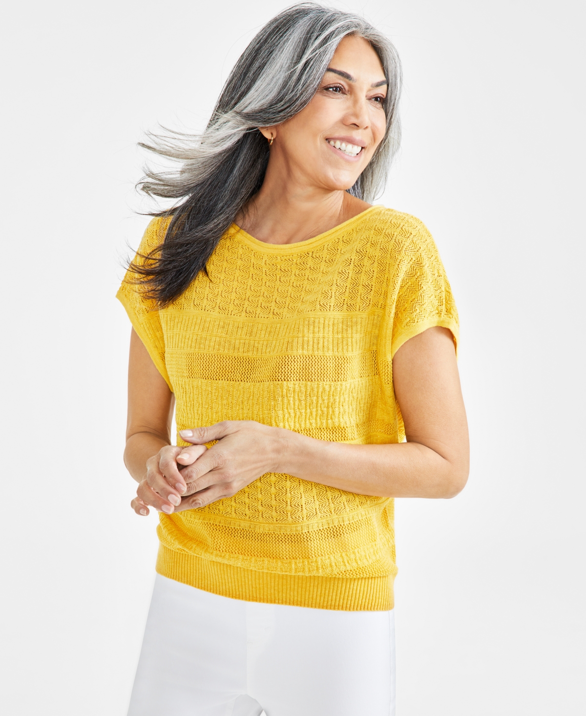 Style & Co Women's Fine-gauge Mixed-stitch Dolman-sleeve Sweater, Created For Macy's In Cornmeal Yellow