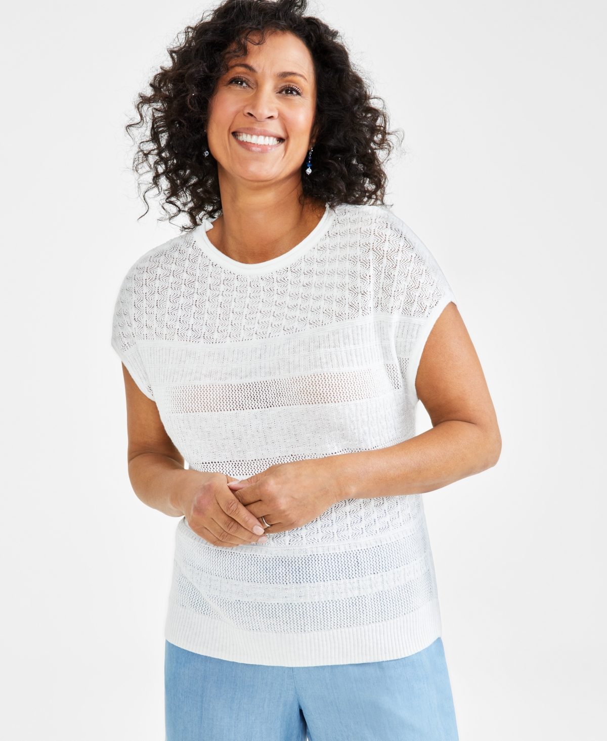 Style & Co Women's Fine-gauge Mixed-stitch Dolman-sleeve Sweater, Created For Macy's In Winter White