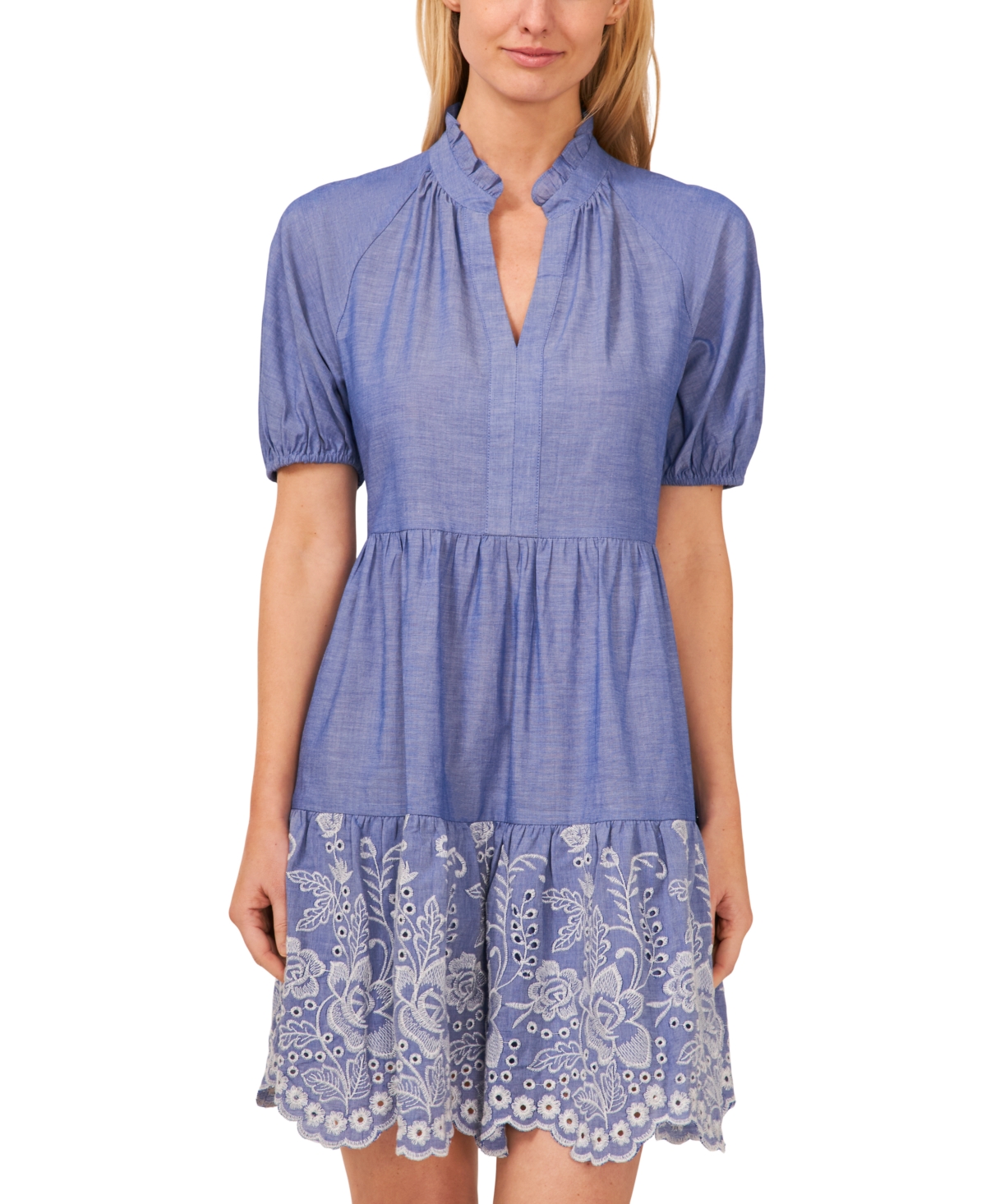 Women's Floral Embroidered Cotton Babydoll Dress - Blue Air