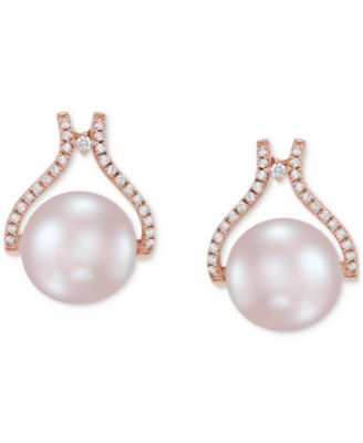 Cultured Natural Ming Pearl 12mm Diamond 1 3 ct. t.w. Drop Earrings in 14k Rose Gold Also in Cultured White Ming Pearl