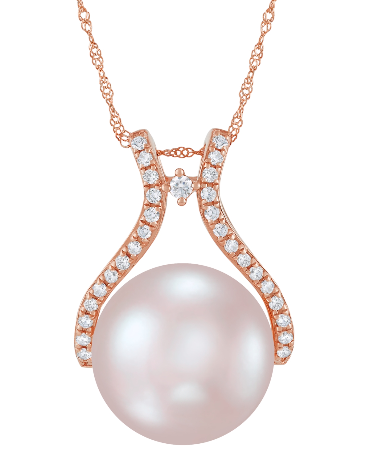 Cultured Natural Ming Pearl (13mm) & Diamond (1/5 ct. t.w.) 18" Pendant Necklace in 14k Rose Gold (Also in Cultured White Ming Pearl) - Rose Go