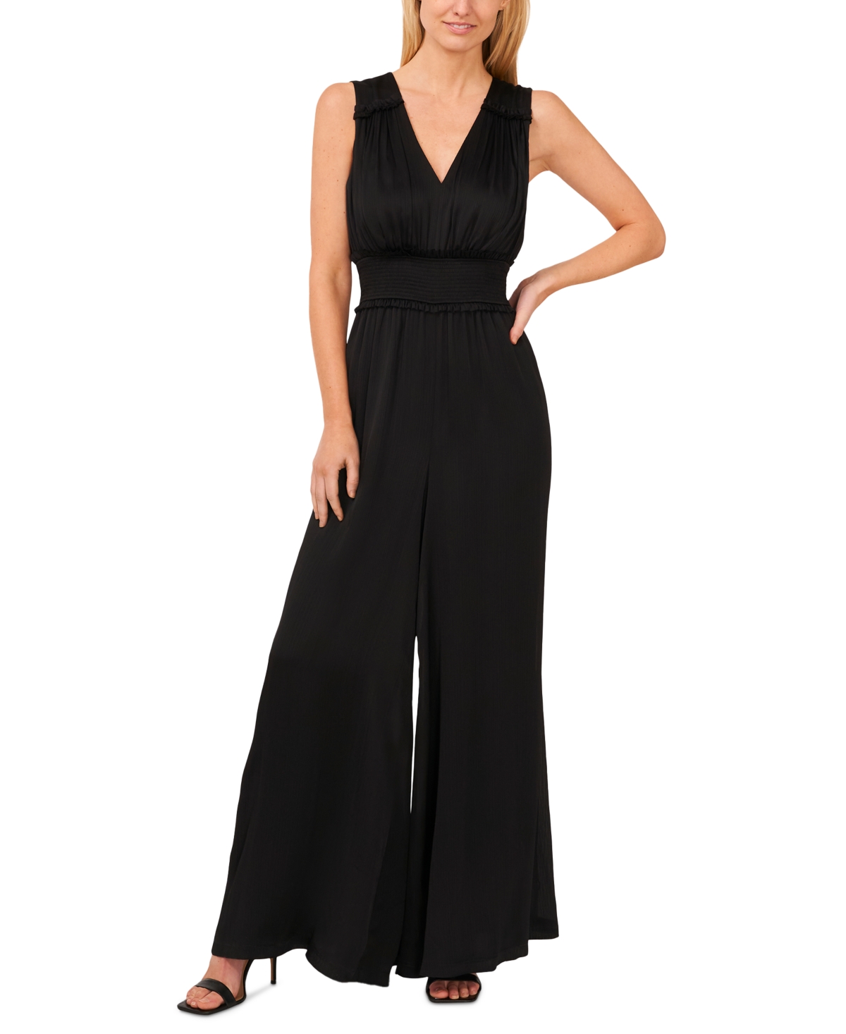 Shop Cece Women's V-neck Smocked-waist Sleeveless Plisse Jumpsuit In Rich Black