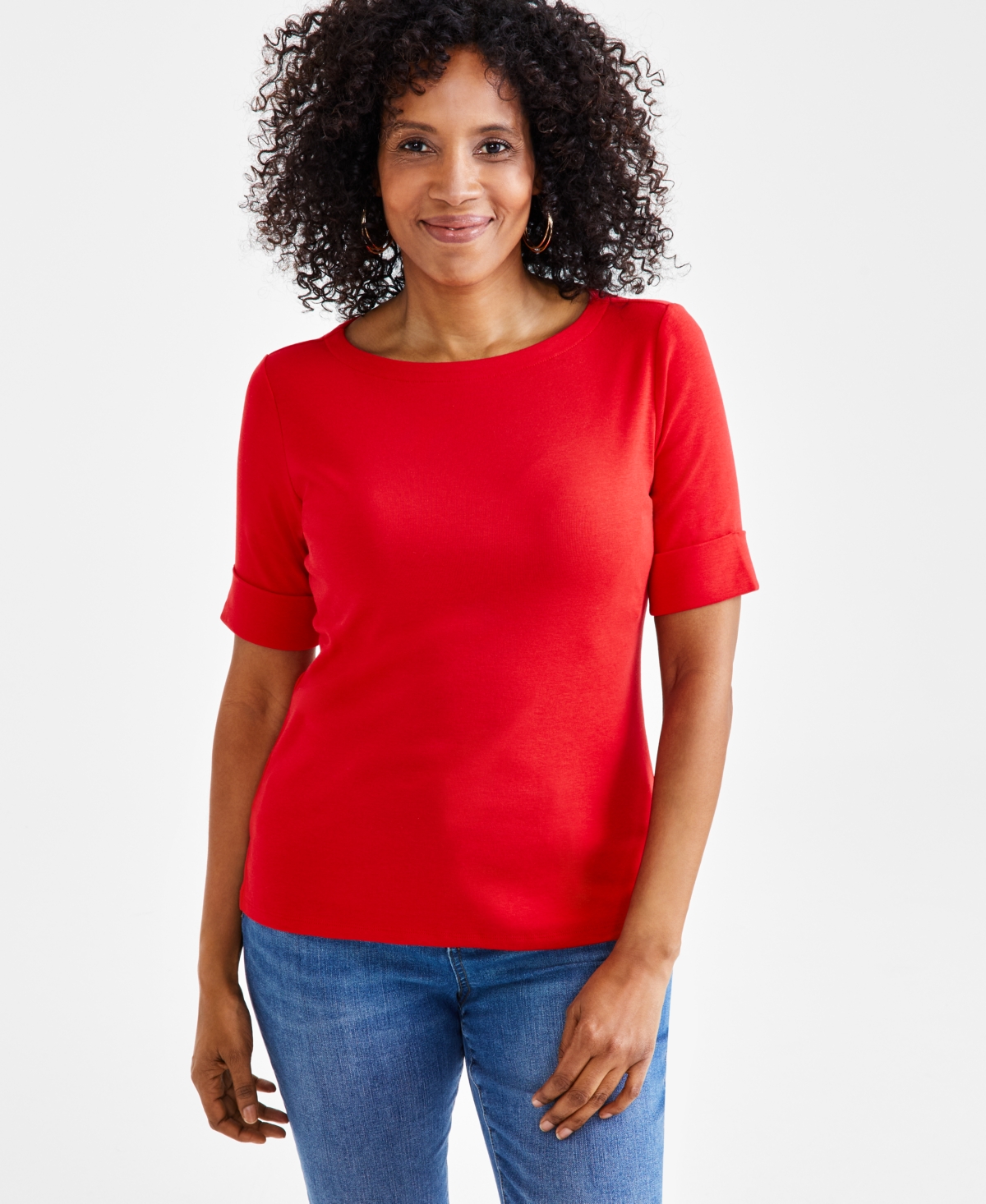 Style & Co Petite Cotton Elbow-sleeve Boat-neck Top, Created For Macy's In Gumball Red