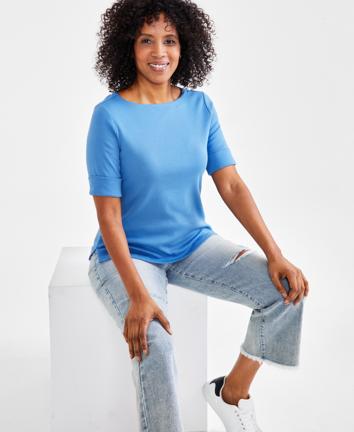 Style & Co Women's Boat-neck Elbow Sleeve Cotton Top, Xs-4x, Created For Macy's In Riverside