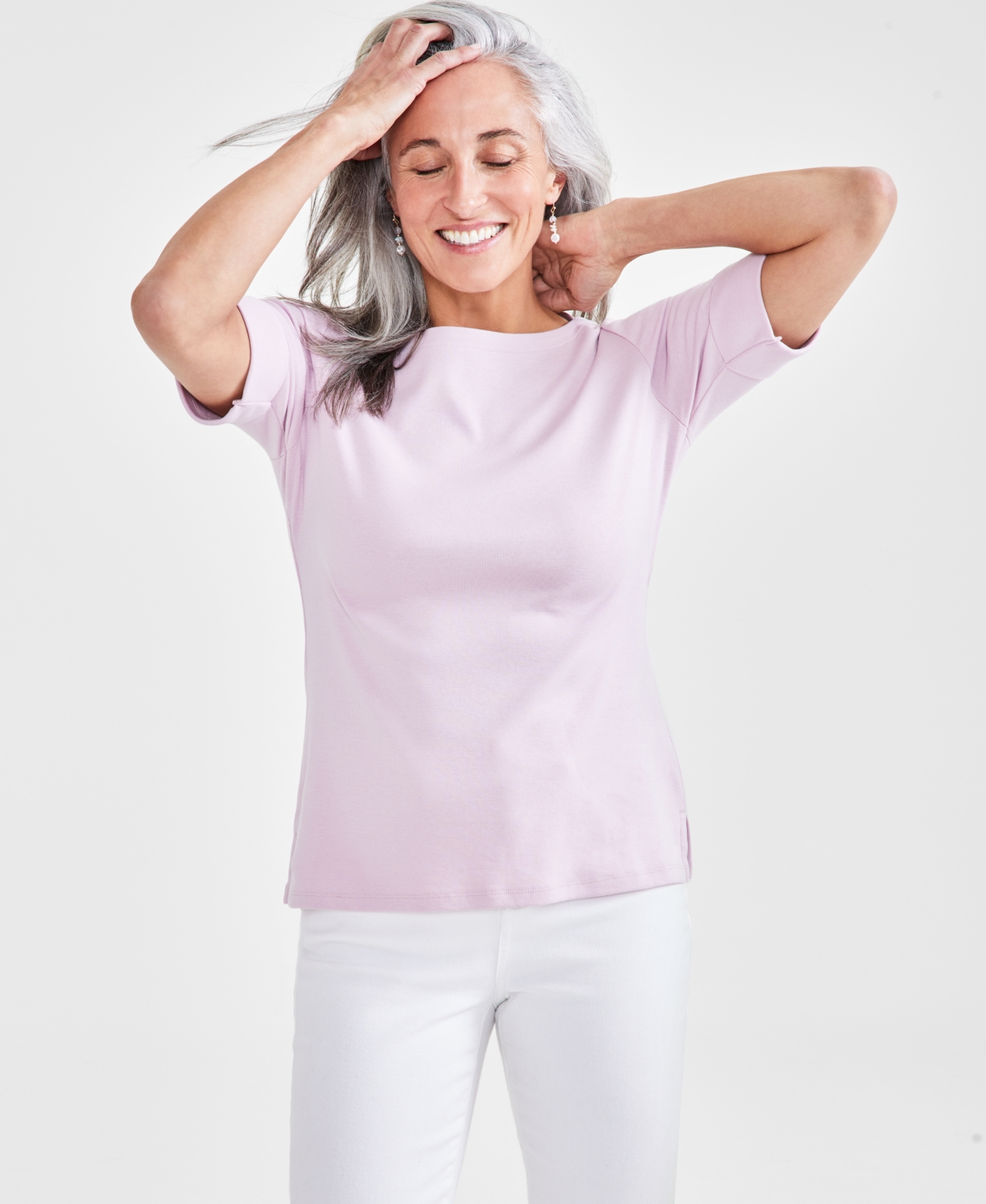 Style & Co Petite Cotton Elbow-sleeve Boat-neck Top, Created For Macy's In Lilac Flor