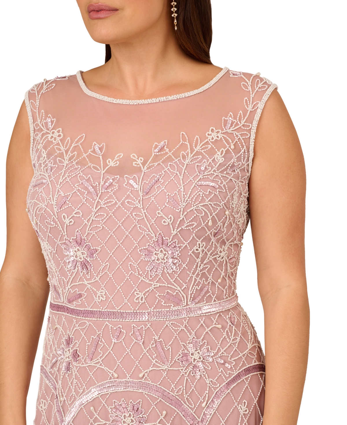 Shop Adrianna Papell Plus Size Boat-neck Cap-sleeve Beaded Dress In Dusted Petal,ivory