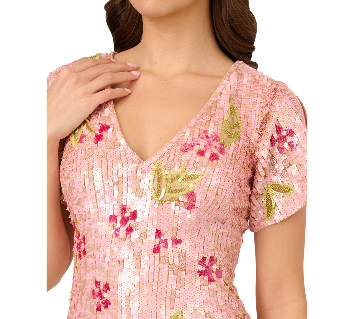 Shop Adrianna Papell Women's V-neck Short-sleeve Beaded Mesh Dress In Blush Mult