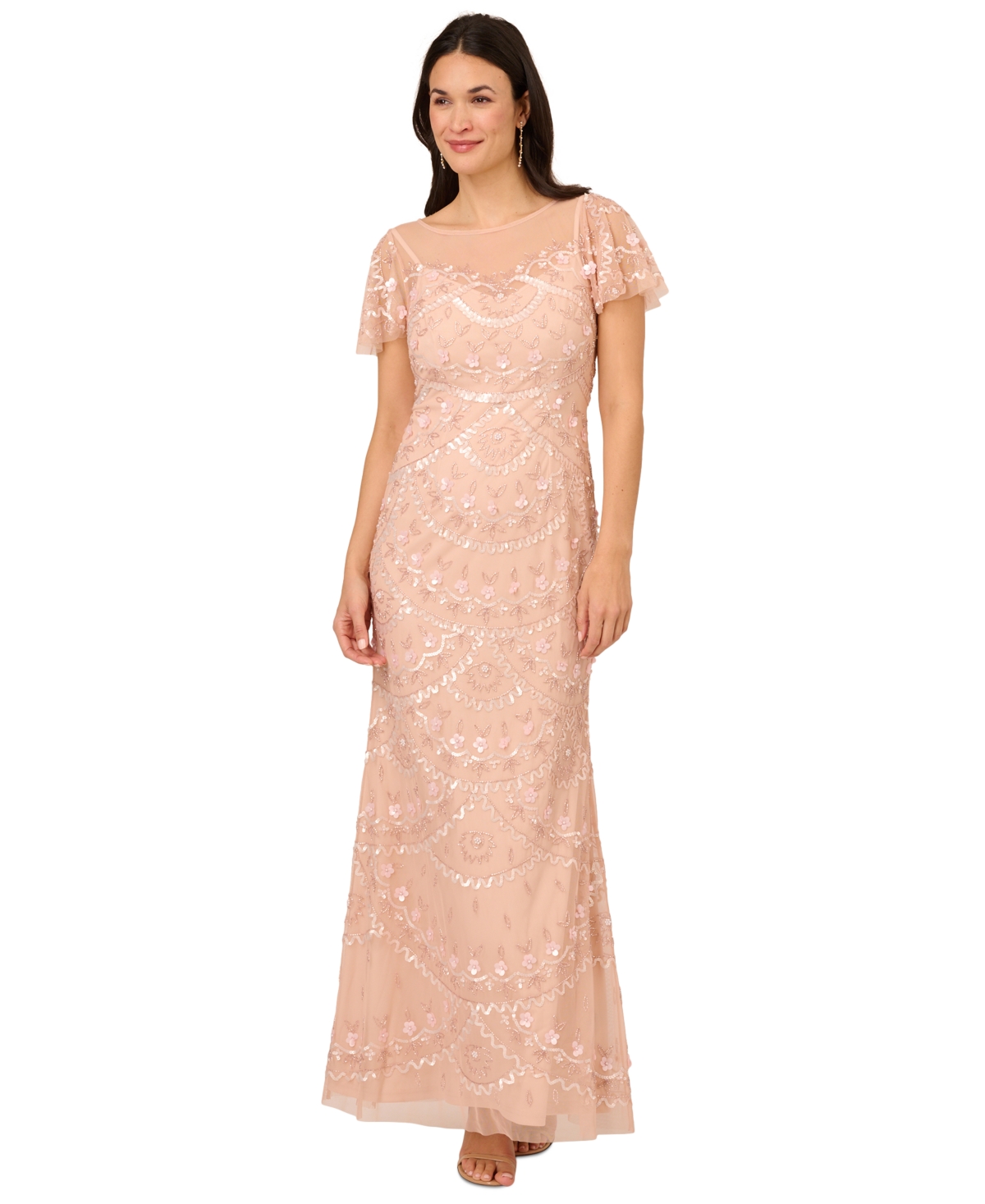 Shop Adrianna Papell Women's Bead Flutter-sleeve Sequin Gown In Blush