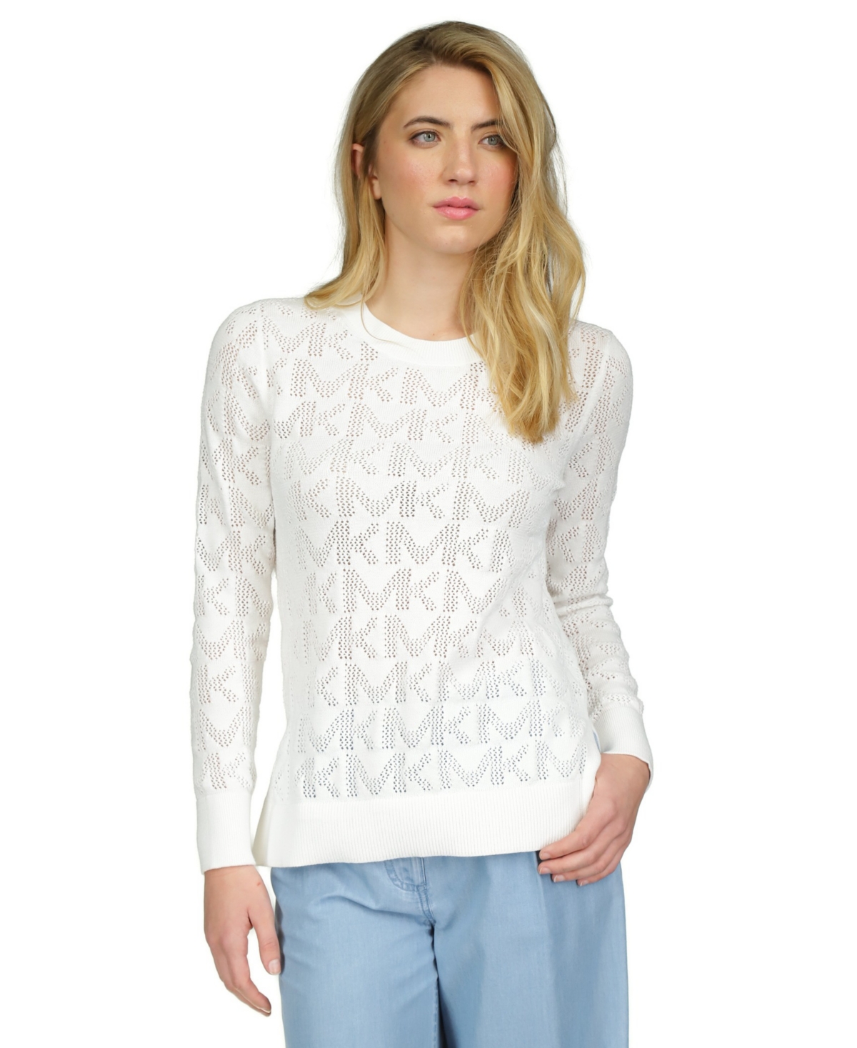 Shop Michael Kors Michael  Women's Logo Mesh-stitch Monogrammed Sweater, Regular & Petite In White
