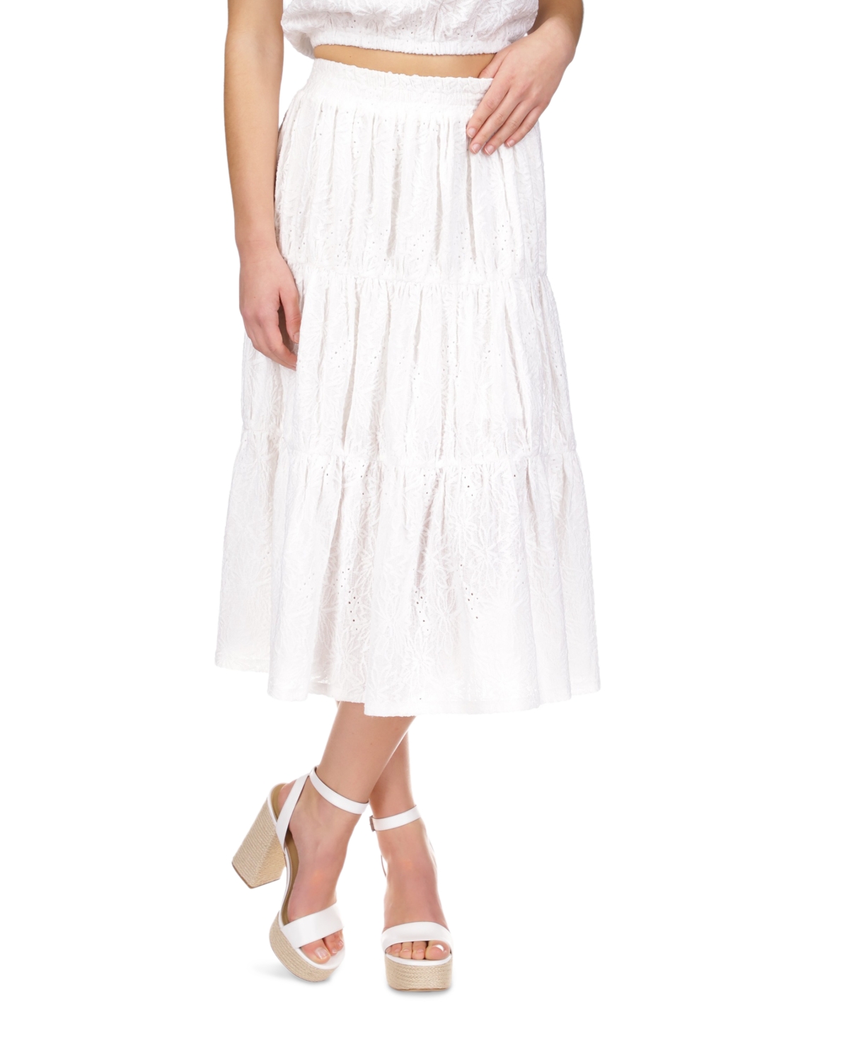Michael Kors Michael  Women's Ruffled Tiered Eyelet Midi Skirt In White