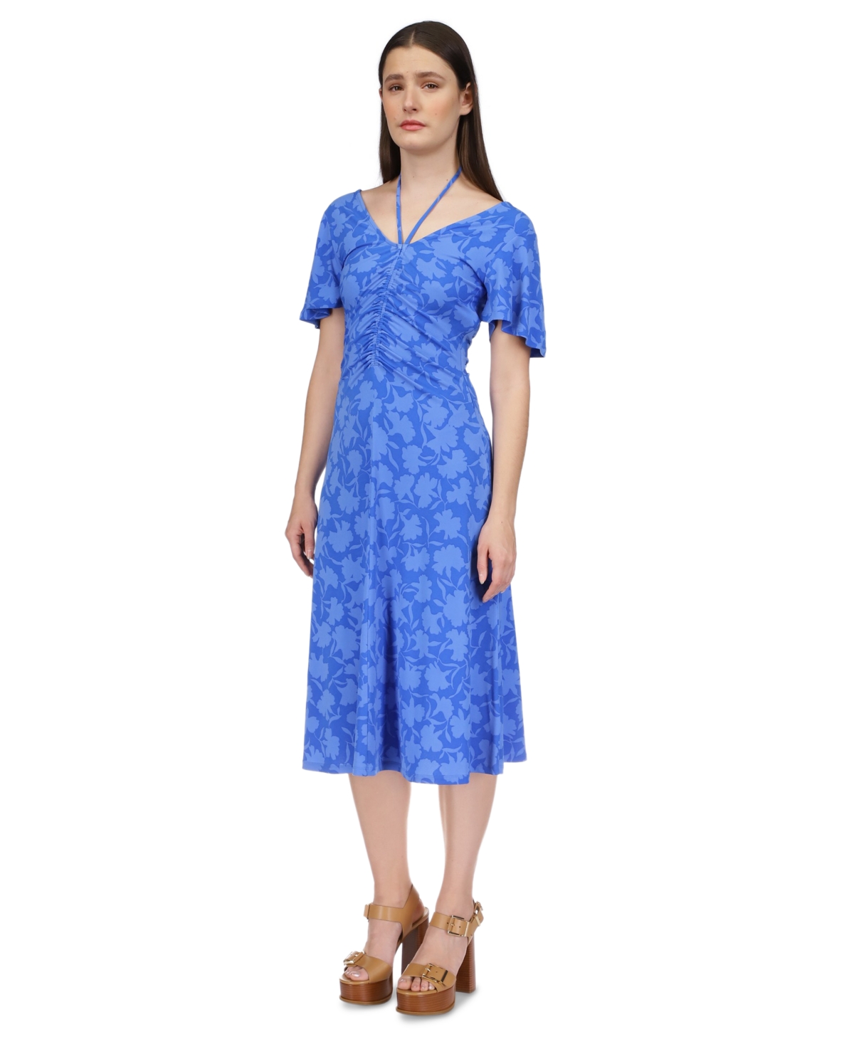 Shop Michael Kors Michael  Women's Floral-print Tie V-neck Ruched Midi Dress, Regular & Petite In Grecian Blue