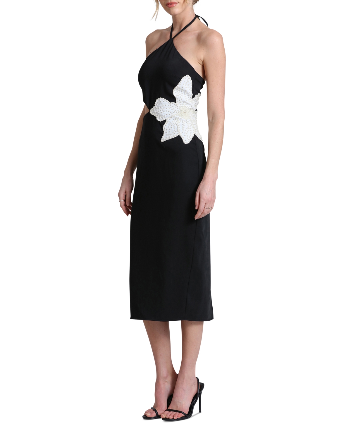 Shop Avec Les Filles Women's Halter-neck Floral Applique Dress In Black,white