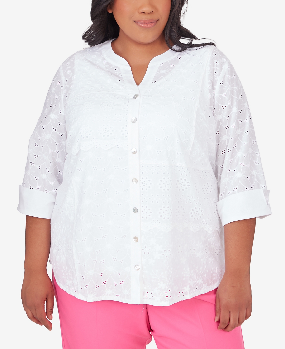 Shop Alfred Dunner Plus Size Paradise Island Button Front Eyelet Top In White