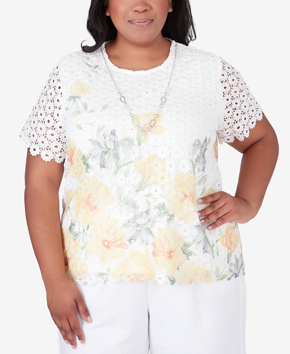 Shop Alfred Dunner Plus Size Charleston Short Sleeve Floral Lace Top With Detachable Necklace In Multi