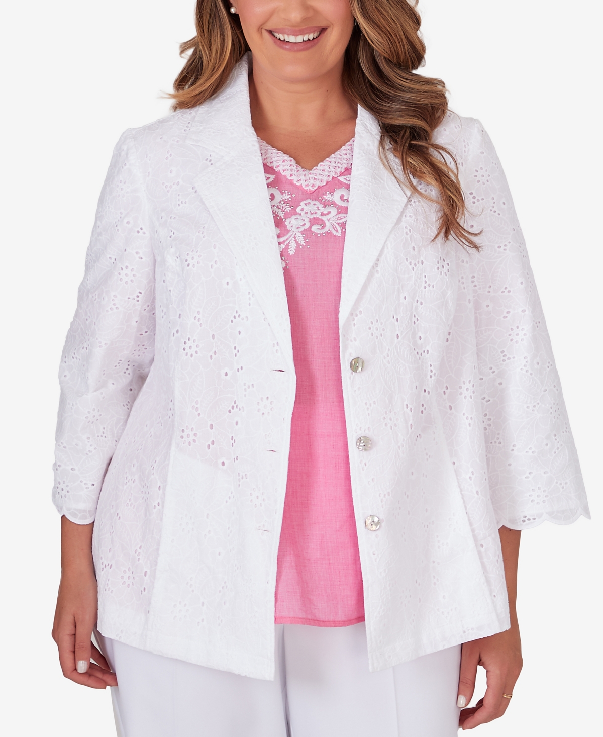 Shop Alfred Dunner Plus Size Paradise Island Button Front Eyelet Jacket In White