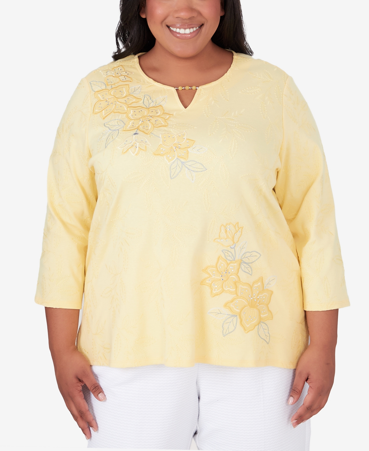 Shop Alfred Dunner Plus Size Charleston Three Quarter Sleeve Top With Embroidered Floral Details In Yellow