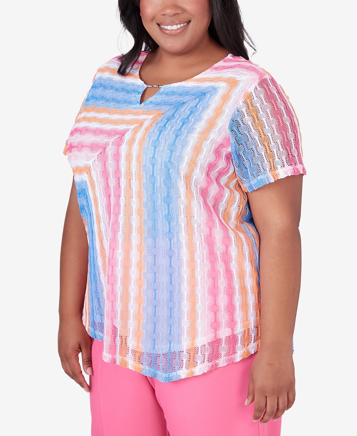 Alfred Dunner Plus Size Paradise Island Short Sleeve Spliced Stripe Top