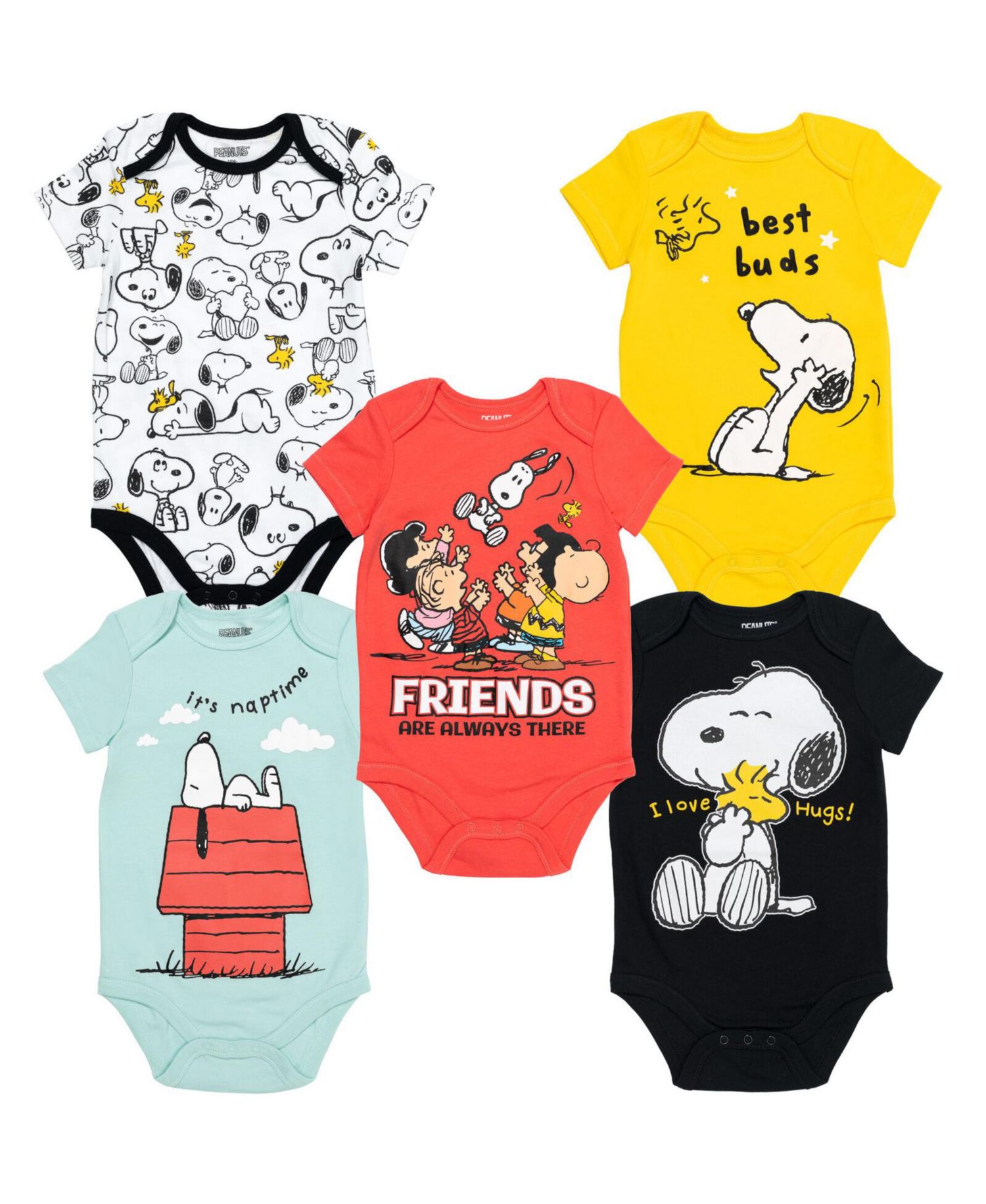 Snoopy Charlie Brown Boys 5 Pack Bodysuits Multi Infant