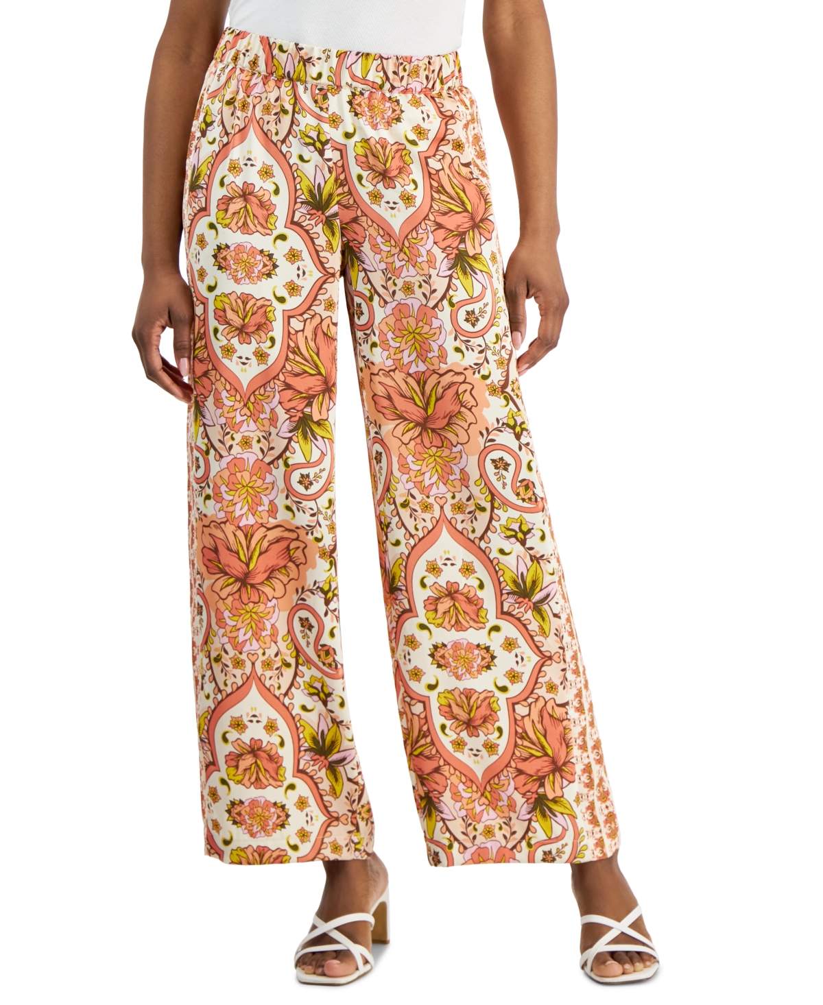 Petite Medallion Melody Satin Pants, Created for Macy's - Sandshell Combo