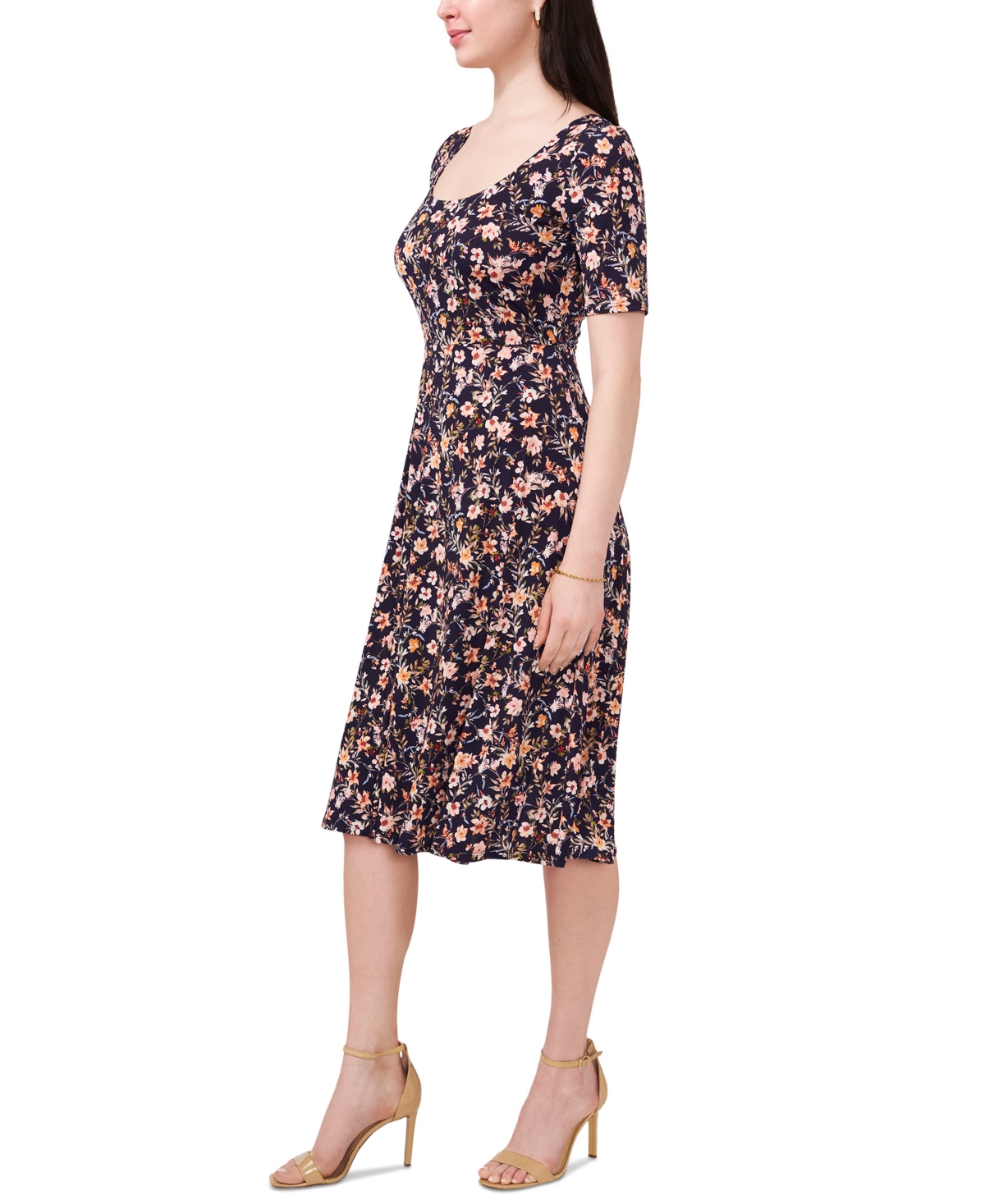 Shop Msk Petite Floral Elbow-sleeve Pullover Midi Dress In Navy,pink