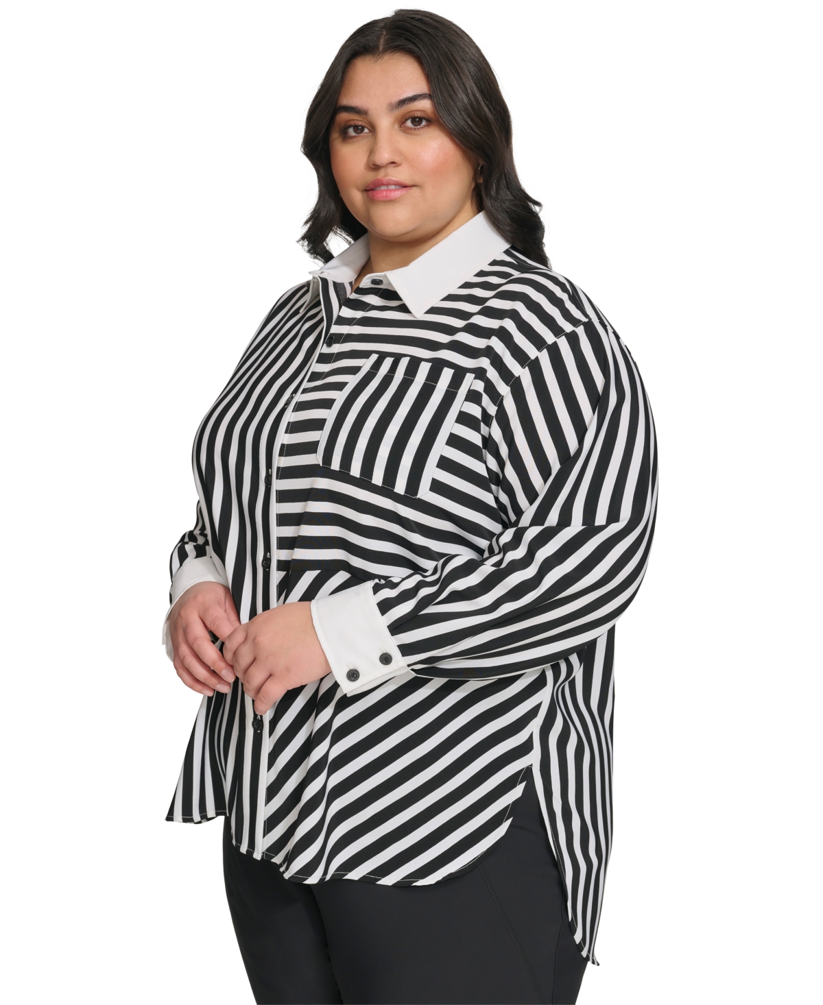 Karl Lagerfeld Paris Women's Plus Size Striped Button-Front Shirt, First@Macy's