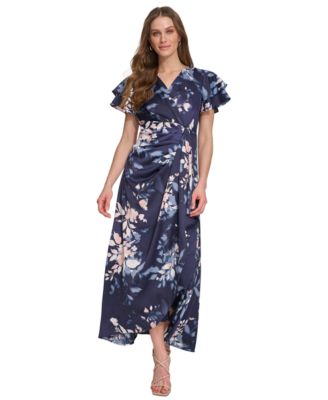 DKNY - Women's Printed V-Neck Flutter-Sleeve Satin Dress