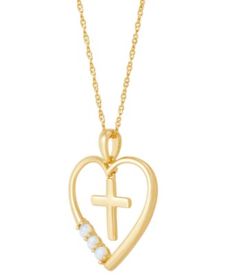 Lab-Grown Opal Cross in Heart 18" Pendant Necklace (1/8 ct. t.w.) in 14k Gold-Plated Sterling Silver