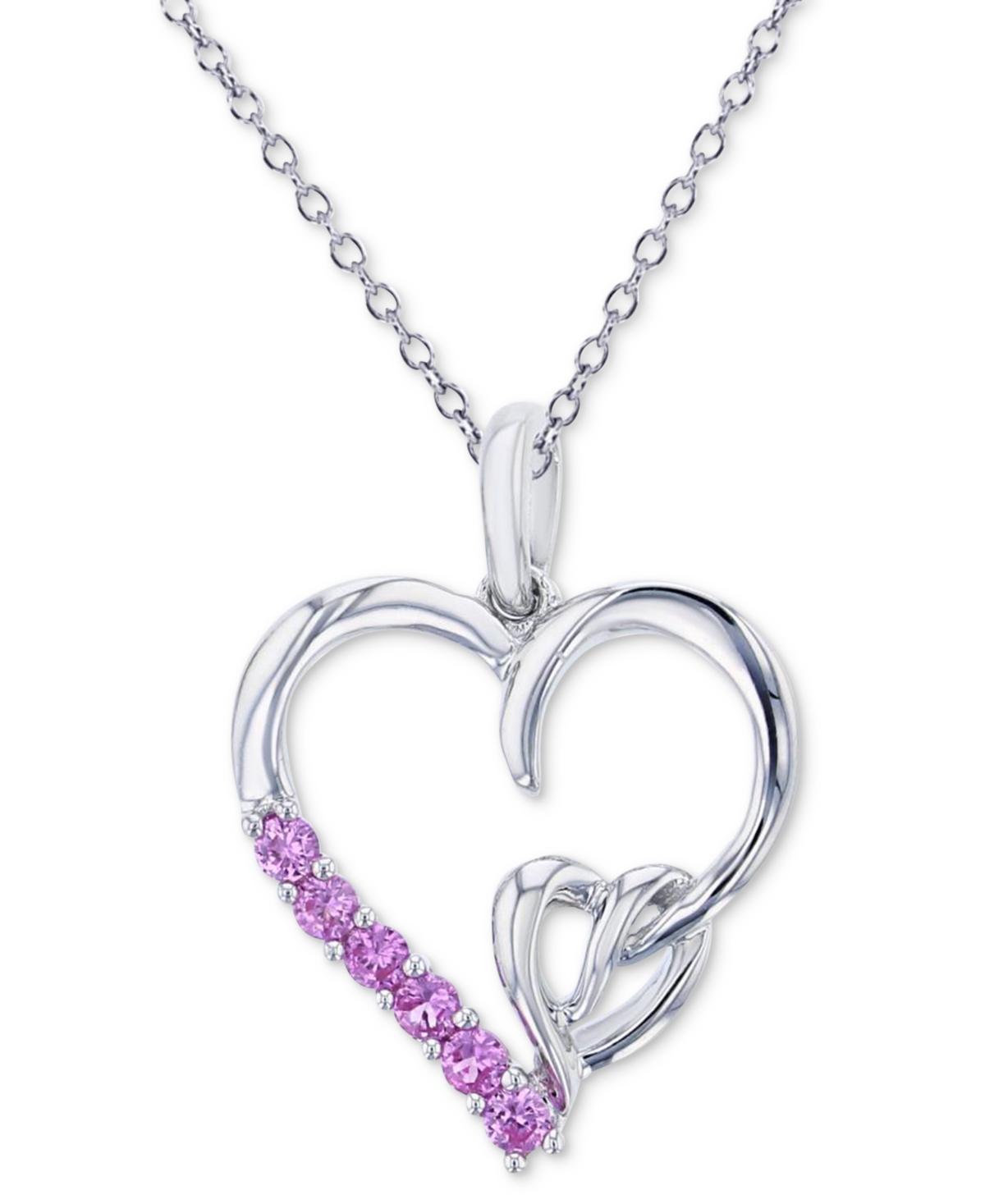 Shop Macy's Lab Grown Pink Sapphire Double Heart 18" Pendant Necklace (1/3 Ct. T.w.) In Sterling Silver