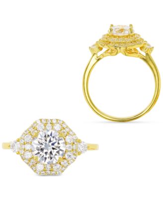 Cubic Zirconia Hexagon Halo Ring in 14k Gold-Plated Sterling Silver
