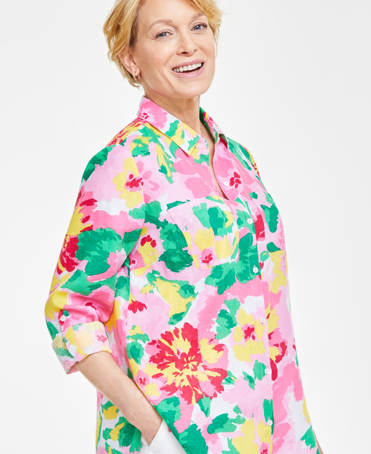 Women's 100% Linen Garden Blur Printed Shirt, Created for Macy's - Bubble Bath Combo