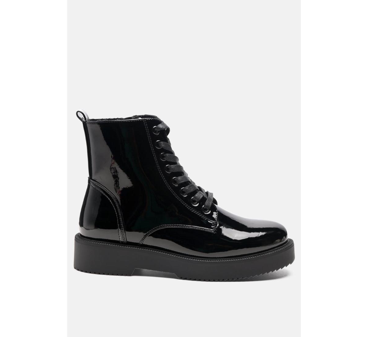 Womens rubble statement pu lace up ankle boots - Black