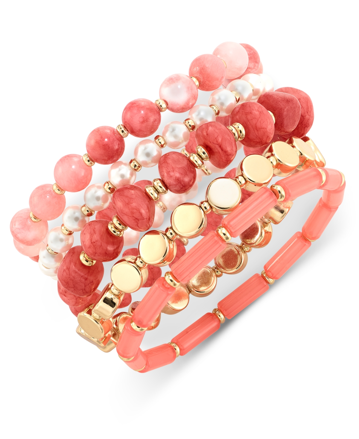 Shop Style & Co Gold-tone 5-pc. Set Beaded Stretch Bracelet, Created For Macy's In Coral