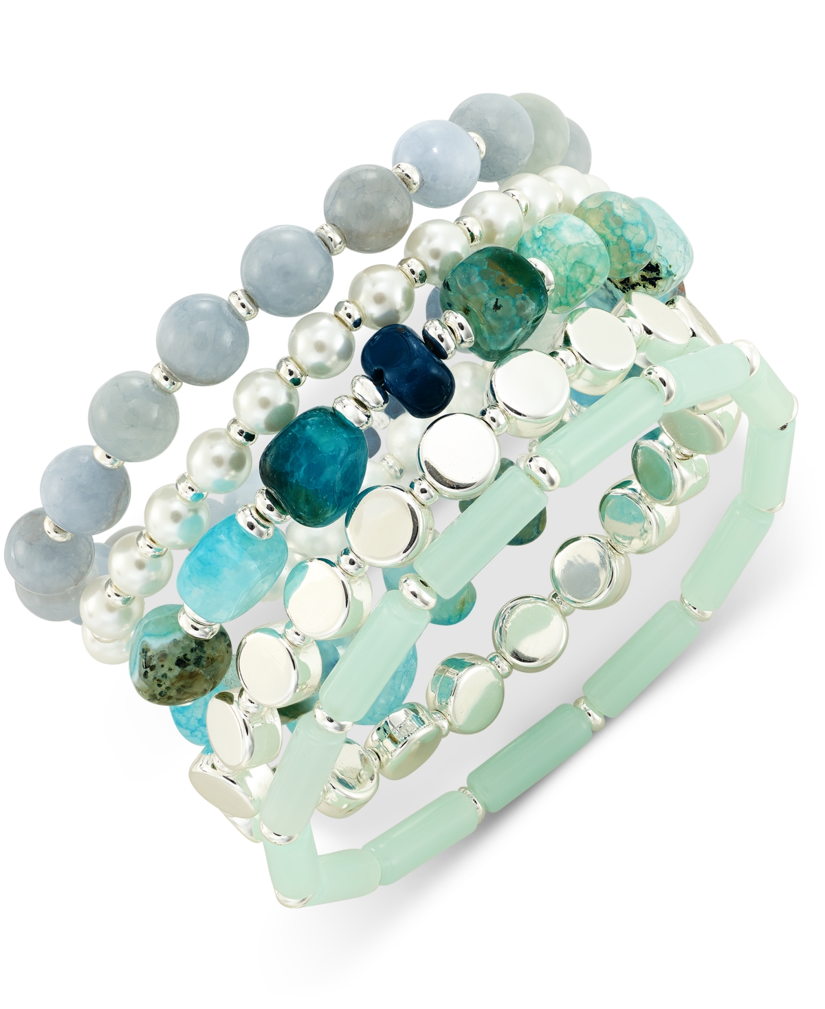 Shop Style & Co Gold-tone 5-pc. Set Beaded Stretch Bracelet, Created For Macy's In Blue