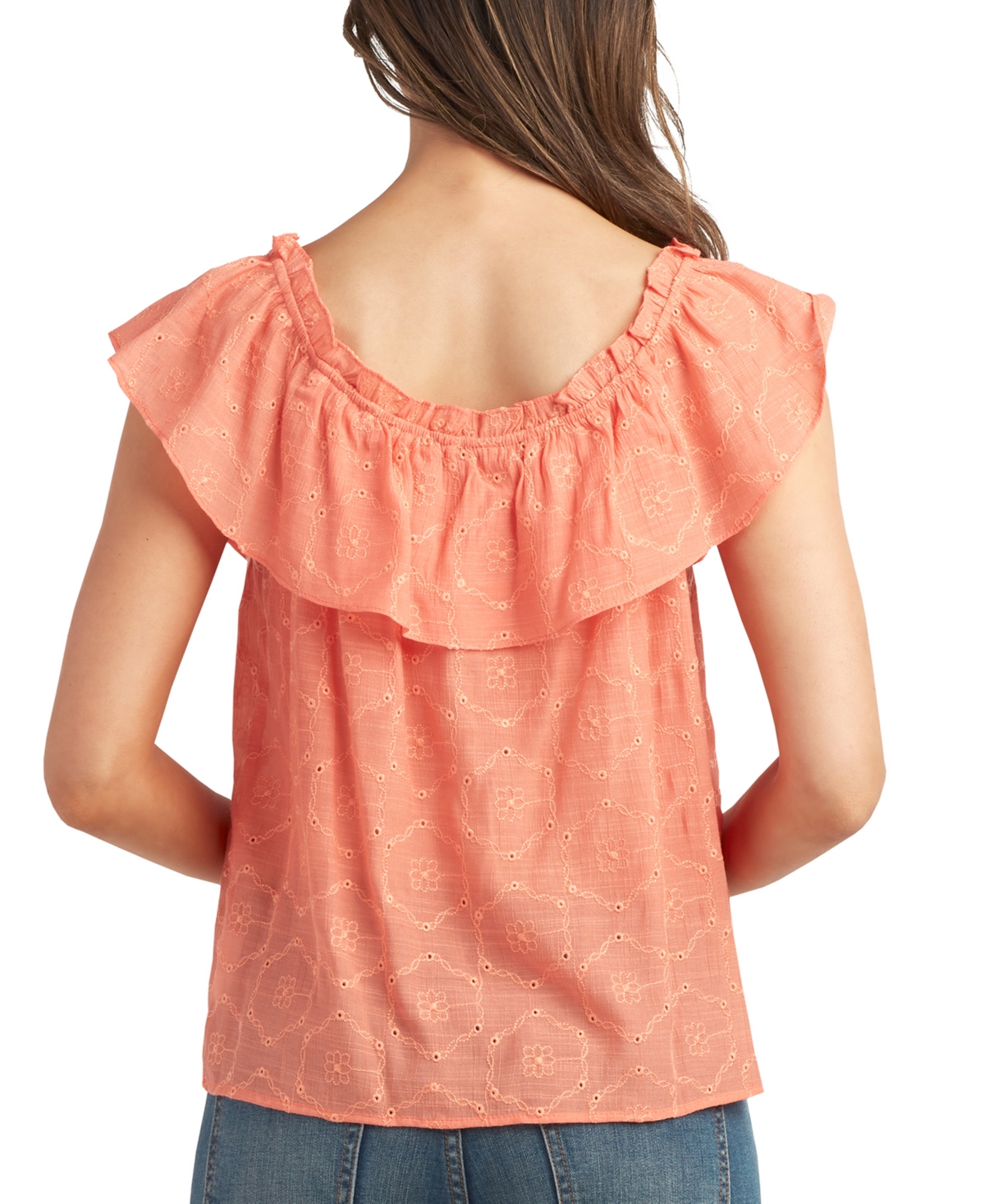 Shop Bcx Juniors' Floral Embroidered Ruffle-trim Scoop Neck Top In Color