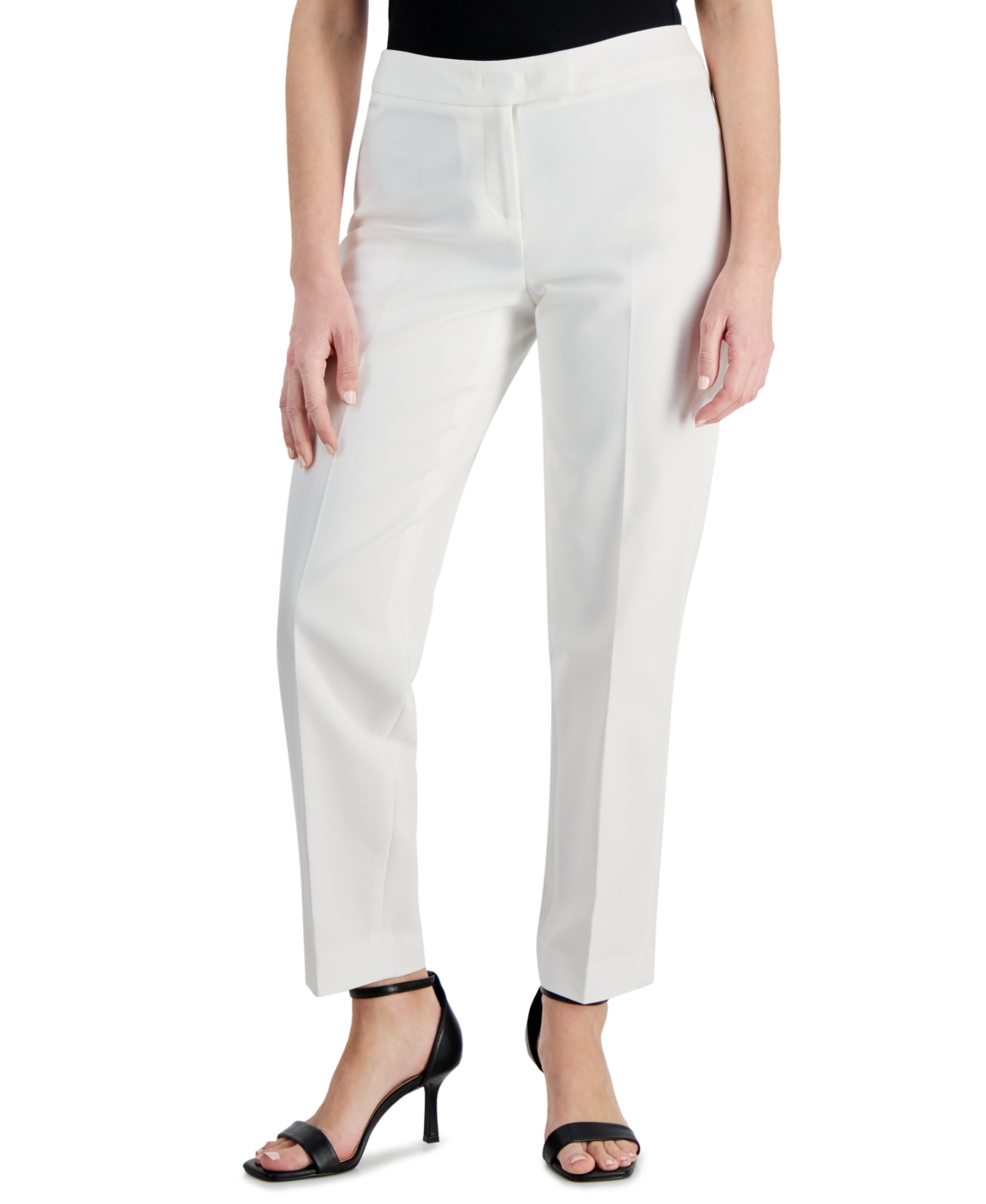 Shop Anne Klein Petite Mid Rise Extended Tab Straight-leg Pants In Bright White