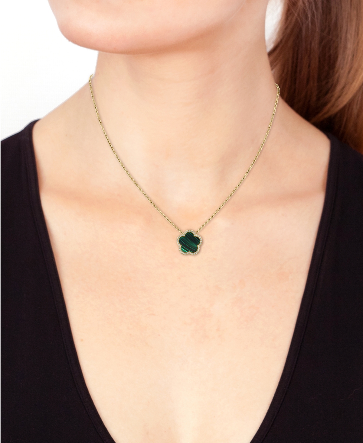 Effy Malachite & Diamond (1/6 ct. t.w.) Flower Halo 18" Pendant Necklace 14k Gold (Also Onyx)