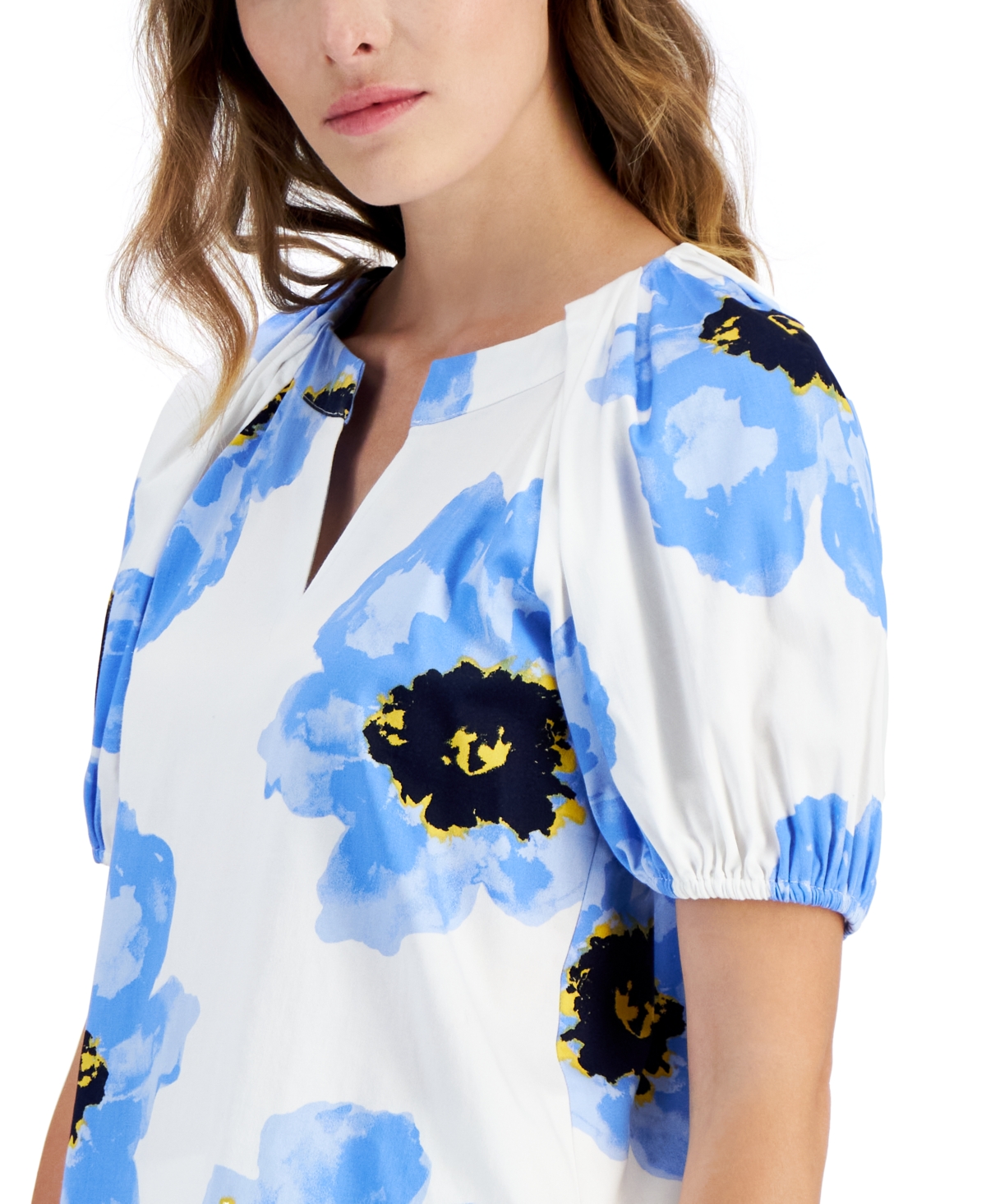 Anne Klein Petite Floral-Print Raglan Puff-Sleeve V-Neck Blouse - Shore Blue