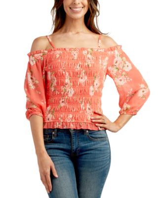 BCX - Juniors' Printed Cold-Shoulder Sheer-Sleeve Smocked Top