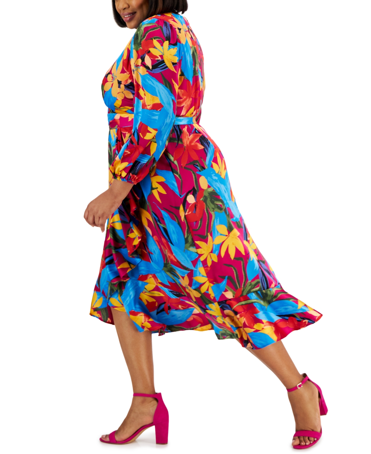 Shop Tahari Plus Size Printed Long-sleeve Satin Faux-wrap Dress In Wild Berry Multi
