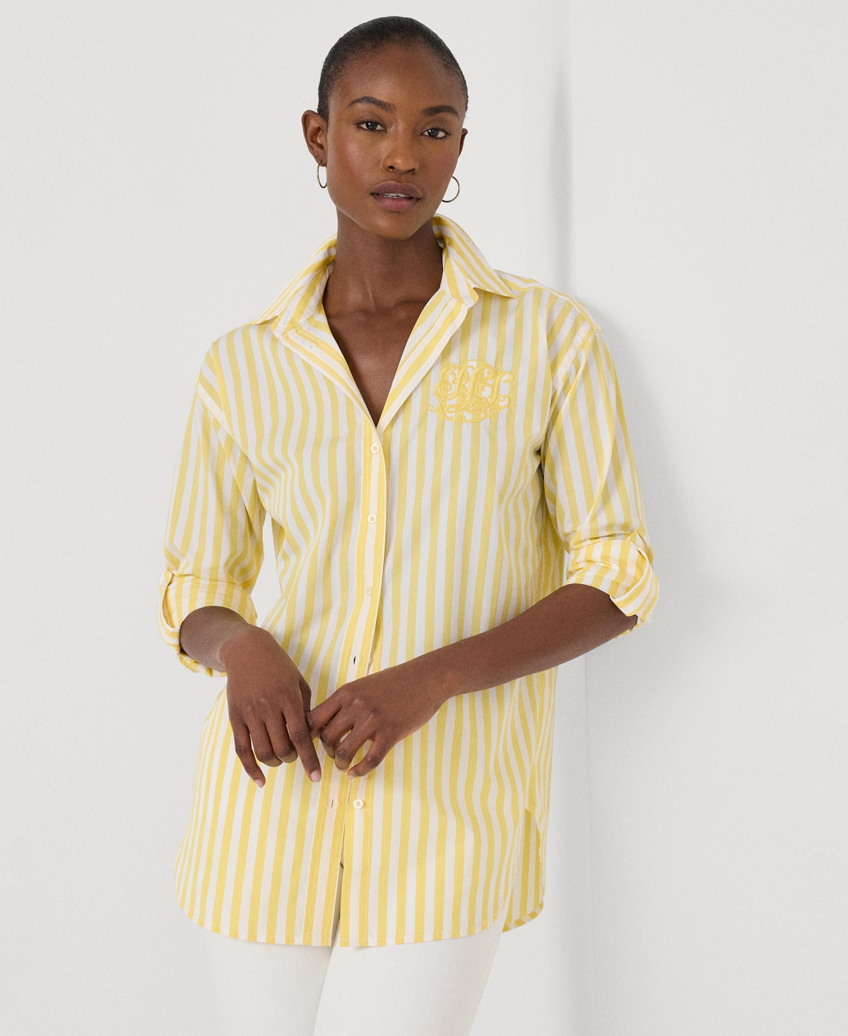 Shop Lauren Ralph Lauren Women's Cotton Striped Shirt, Regular & Petite In Primrose Yellow,white