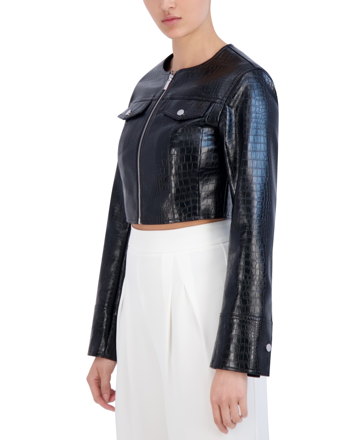 Shop Bcbg New York Women's Croc-print Faux-leather Cropped Jacket In Onyx