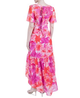 Women's Printed Flutter-Sleeve High-Low Maxi Dress