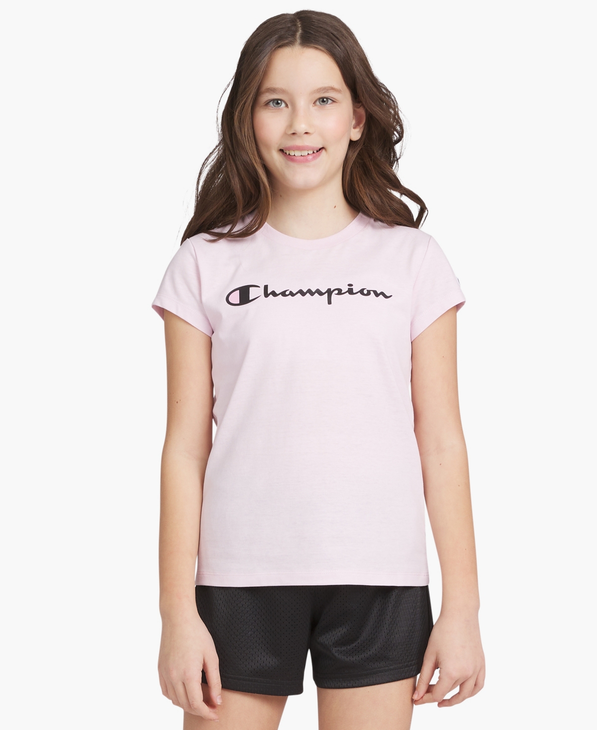 Champion Kids' Big Girls Classic Script Logo T-shirt In Pale Pink