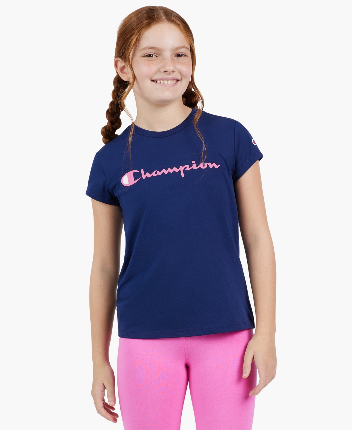 Champion Kids' Big Girls Classic Script Logo T-shirt In Navy