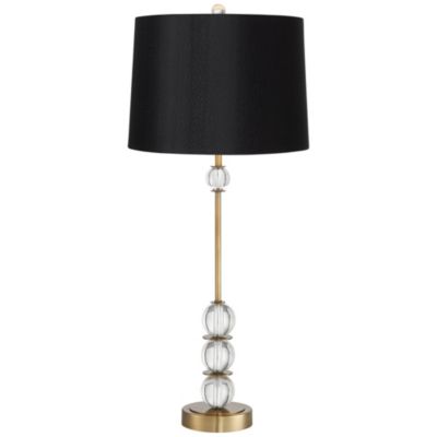 Art Deco Table Lamp 32.5" Tall Brass Crystal Ball Accents Black Hardback Drum Shade for Living Room Bedroom Bedside