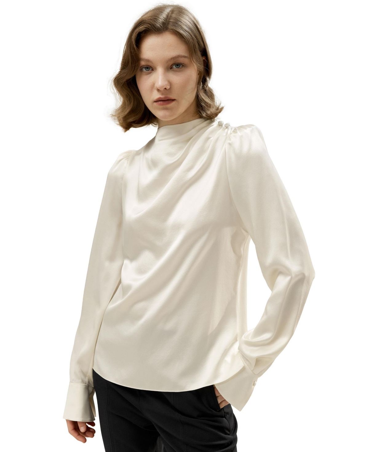 Asymmetrical Silk Blouse with Puff Sleeves for Women - Lily white