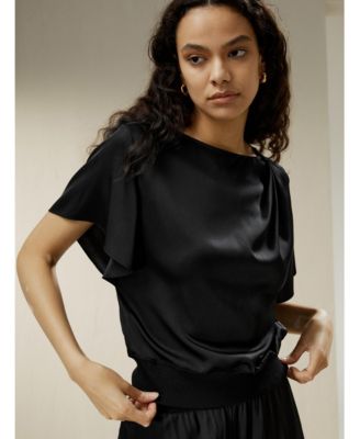 Women's Short rippled batwing sleeves Silk Shirt