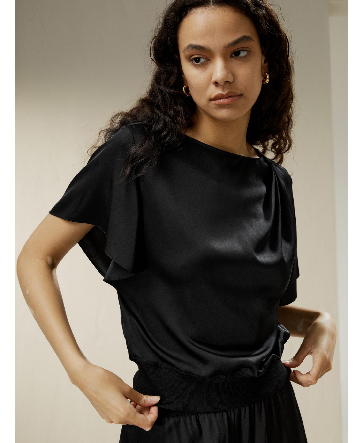 Women's Short Rippled Batwing Sleeves Silk Shirt