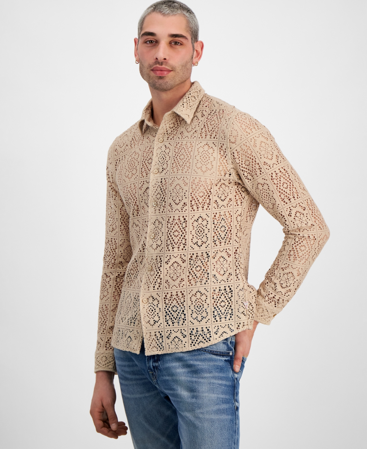 Guess Men's Long Sleeve Craft Crochet Shirt In Neutral Sand